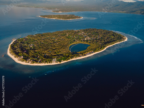 Aerial view with Gili islands and ocean, drone shot. Gili Meno and Gili Air