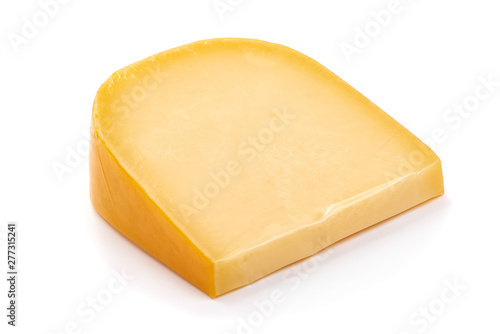 Hard Dutch gouda cheese, close-up, isolated on white background