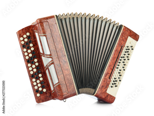 Brown accordion isolated on white background. File contains a path to isolation