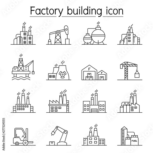 Factory building icon set in thin line style
