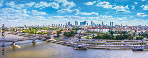 City skyline background. Aerial view of Warsaw capital city of Poland. From above, city view with night sky. Panorama of Warsaw cityscape. Europe. Aerial view