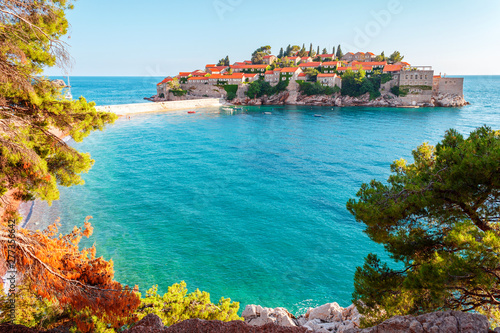 Picturesque summer view to the Sveti Stefan island, luxury resort on the Adriatic sea coast in Montenegro