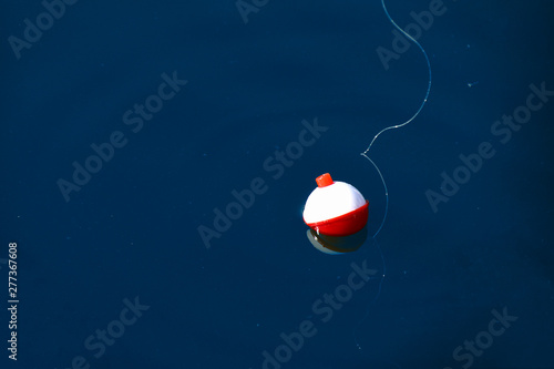 red and white floating fishing bobber with white fish line on dark blue water