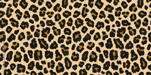 Leopard print. Vector seamless pattern. Animal jaguar skin background with black and brown spots on beige backdrop. Abstract exotic jungle texture. Repeat design for decor, fabric, textile, wallpapers