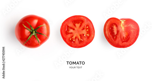 Creative layout made of tomato on the white background. Flat lay. Food concept. Tomato on the white background.