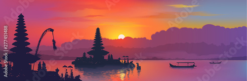 Black balinese water temples and fisherman boats silhouettes on rainbow colors sunset sky background, vector banner illustration