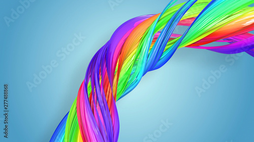 Beautiful multicolored ribbon glitters brightly. Abstract rainbow color ribbon twisted into a circular structure on a blue background. 20