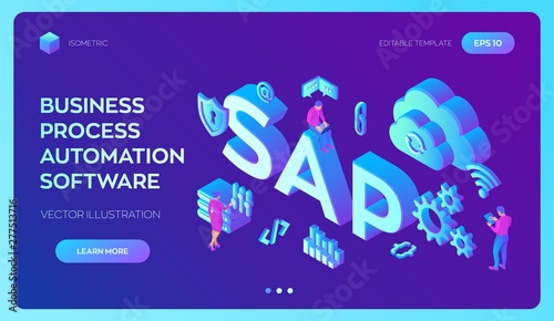 SAP Business process automation software. ERP enterprise resources planning system concept. Technology process of Software development. Isometric vector Illustration with icons and characters.