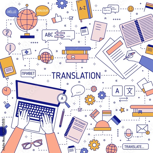 Square banner template with hands of translators typing on laptop keyboard and writing on paper. Translation of foreign languages and international communication. Vector illustration in linear style.