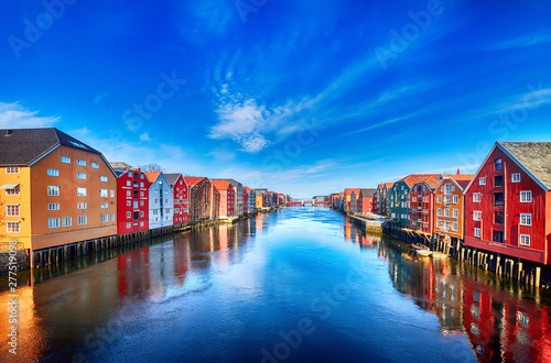 Colorful houses over water in Trondheim city - Norway