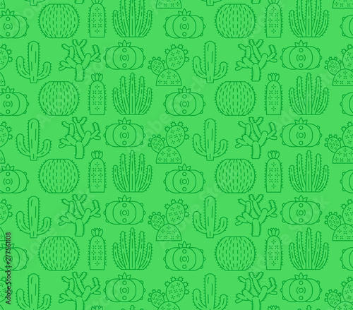 Wild cactuses vector seamless pattern. Succulent plants green background with linear icons. South, Latin America flora texture. Cacti wallpaper. Mexican textile, wrapping paper botanical design