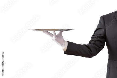 Waiter holding empty silver tray isolated on white background