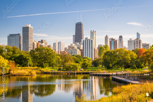 Chicago, Illinois, USA downtown city skyline and park in early autumn.