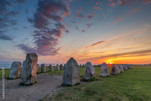 Ales Stenar - An ancient megalithic stone ship monument in Southern Sweden photographed at sunset