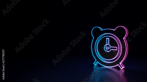 3d glowing neon symbol of symbol of alarm clock isolated on black background