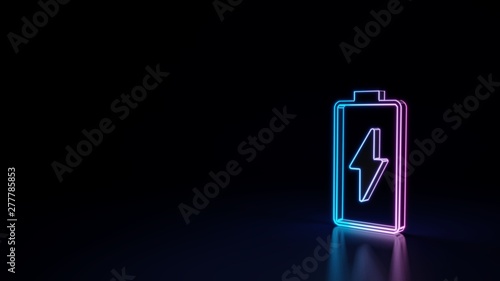 3d glowing neon symbol of vertical symbol of charging empty battery isolated on black background