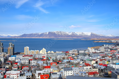 Panoramic views of Reykjavik, the sea Bay and the mountains