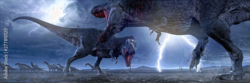 3D rendering of two Tyrannosaurus Rex fight for hunting rights.