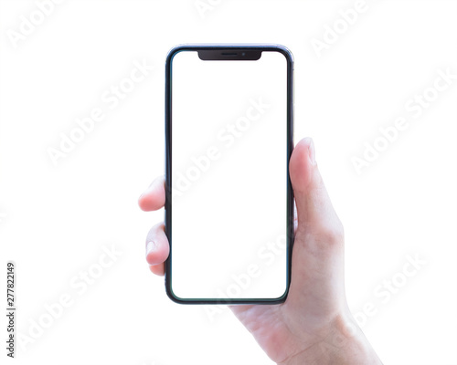 Smartphone in woman's hand isolated on white background with blank screen (clipping path) for digital mobile smart phone mockup and template