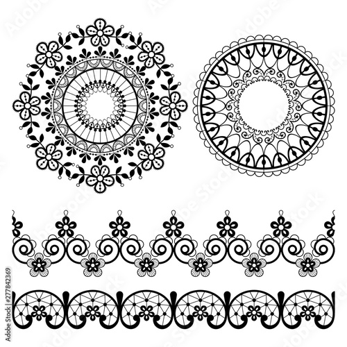 Mandala lace vector pattern and seamless lace design collection, retro ornaments design with flowers and swirls in black on background