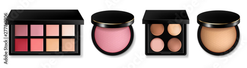 Cosmetics set Vector realistic. Eye shadow, lip gloss and powder blush collection. Product placement. 3d illustrations