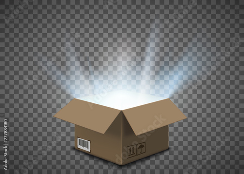 Open empty cardboard box with a glow inside