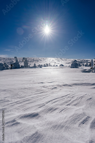 Beautiful winter mountain landscape of Giant mountains, Czech republic. Krkonose mountains in a winter day. Bright blue sky, sun star shining and snow lines and powder snow. Frozen trees.