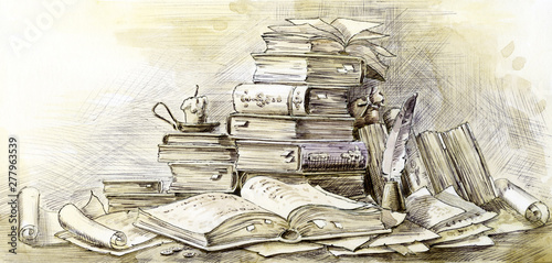 Ancient tomes and scrolls. Open book. Antiquarian book. Ink drawing on paper. Old books. Book volumes and scrolls.