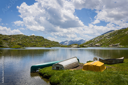 Top of San Bernardino pass and view at Laghetto Moesola in the Swiss Alps during summer