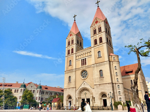 Qingdao Christian Church surround the German building style that is the tourist landmark at Qingdao, China