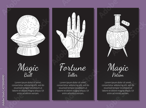 Esoteric Banners Templates Set, Magic Ball, Fortune Teller, Magic Potion, Philosophic, Occult, Mystical Symbols Monochrome Hand Drawn Vector Illustration