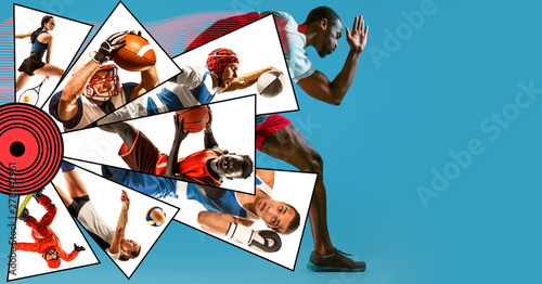 Creative collage made of photos of 8 models. Childrens in sport and healthy lifestyle. Hockey, basketball, badminton, football, soccer, tennis, rugby, athletics, running, jogging.