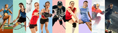 Creative collage made of photos of 9 models. Tennis, pole vault, badminton, hockey, volleyball, football, soccer, snowboarding female players or team. Sport, action, healthy lifestyle concept.