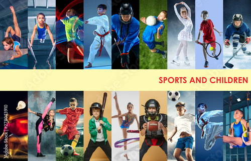Creative collage made of photos of 17 caucasian models. Childrens in sport and healthy lifestyle. Hockey, gymnastick, badminton, football, soccer, tennis, figure skating, athletics, taekwondo.