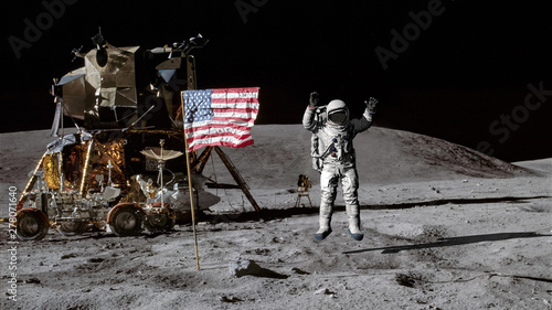 3D rendering. Astronaut jumping on the moon and saluting the American flag. CG Animation. Elements of this image furnished by NASA.