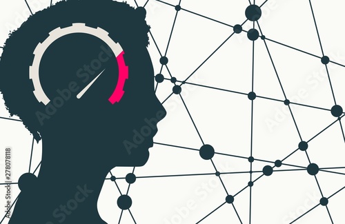 Silhouette of a woman head with overwork symbol. Mental health and business design. Scientific molecule and communication background. Connected lines with dots. Minimal abstract speedometer emblem