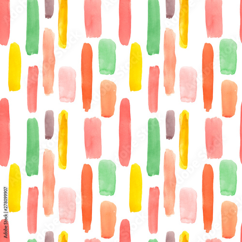 Watercolor colorful abstract seamless pattern with stripes and lines. Red, pink, orange, green colored smears of watercolor paint on white background. Summer vibes.
