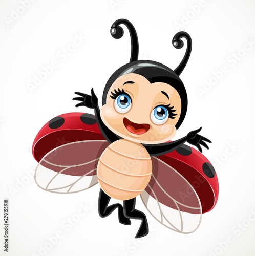 Cute cartoon little ladybug flying on a white background
