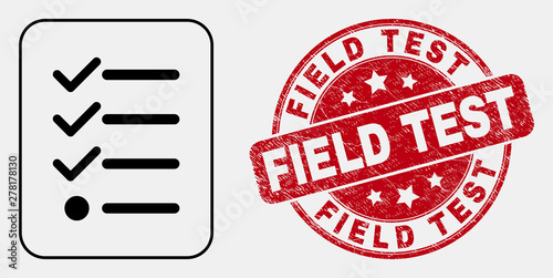 Vector line items list page icon and Field Test seal stamp. Blue round textured seal stamp with Field Test title. Black isolated items list page icon in outline style.
