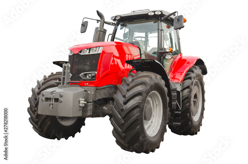 Big red agricultural tractor isolated on a white background