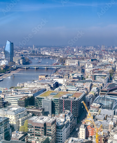 An aerial view of London, United Kingdom on a sunny day.
