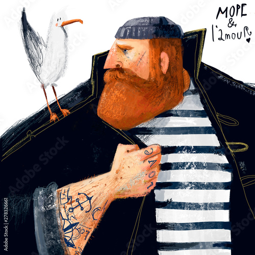 portrait of cartoon sailor with seagull and tattoo