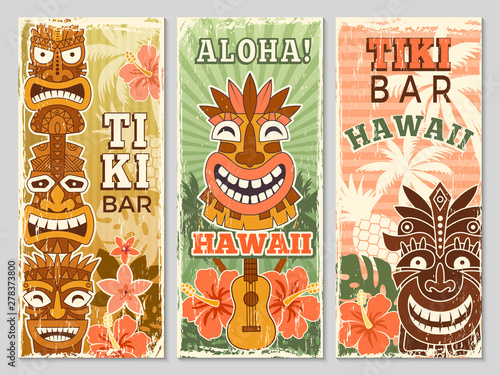 Hawaii retro banners. Aloha tourism summer adventure dancing party in tiki bar tribal masks vector illustration. Aloha hawaii, tribal tiki bar, exotic hawaiian adventure