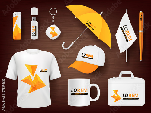 Identity. Business corporate souvenir promotion stationery items uniform badges packages pen lighter cap vector realistic mockup. Illustration of cup and t-shirt, mug and pencil, accessory items