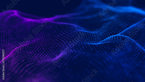 Wave 3d. Wave of particles. Abstract Blue Geometric Background. Big data visualization. Data technology abstract futuristic illustration. 3d rendering.