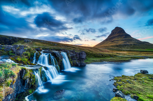 Iceland Landscape Summer Panorama, Kirkjufell Mountain at Dusk with Waterfall in Beautiful Light