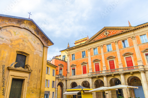 Palazzo Manzoli Malvasia palace facade and Chiesa di San Donato church building in old historical city centre of Bologna, Emilia-Romagna, Italy