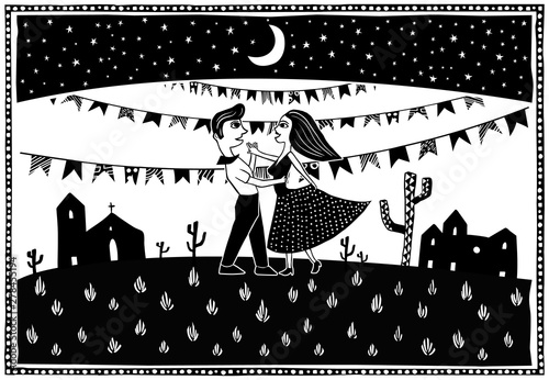 Dancing in the moonlight. Cute couple dancing. Big party Festa junina traditional Brazilian woodcut style vector illustration