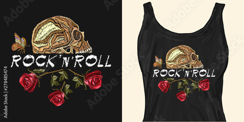 Rock 'n' roll slogan. Skull and flowers. Trendy apparel design. Template for fashionable clothes, modern print for t-shirts, apparel art