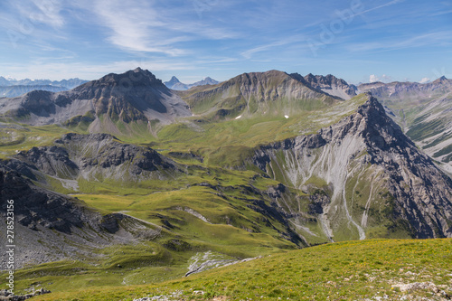 alpine mountain landscape near Arosa with Valbellahorn in summer